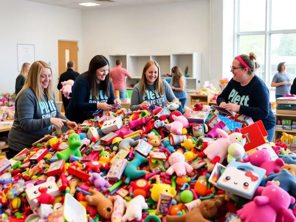 Volunteers joyfully sorting toys for the Plett Toy Drive.